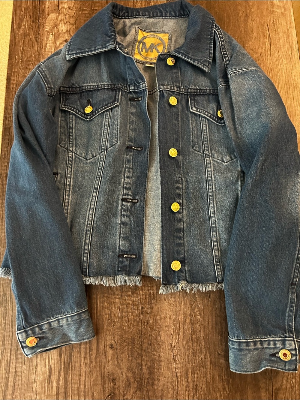 Michael Kors Cropped Distressed Denim Jacket Gold Buttons